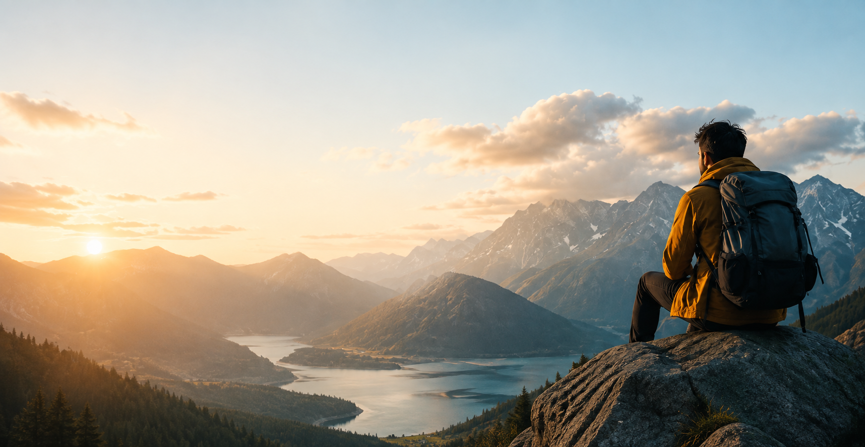 Traveller looking at mountain sunrise